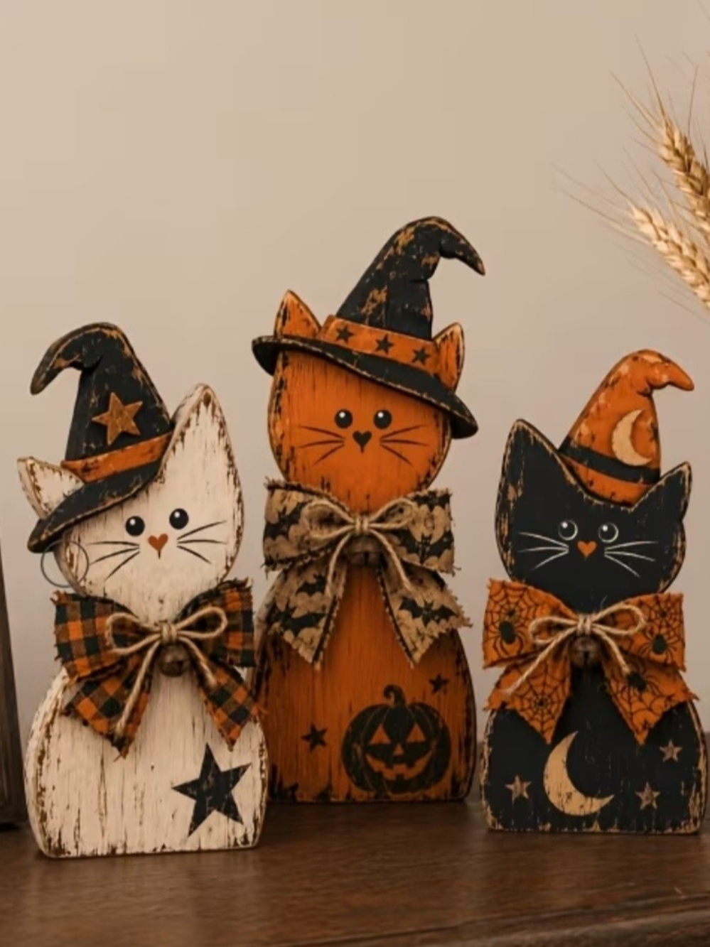 Halloween Wooden Cat Trio - Orange, White & Black Decorative Accents